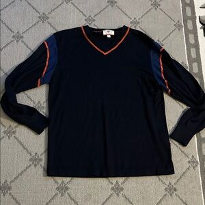 Men's Navy V-Neck Sweater with Orange Trim by
